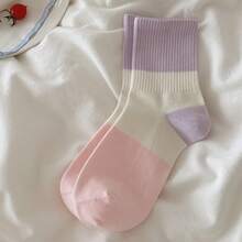 1/3/4/5/10 Pairs Mixed Random Color Spring/Summer Women's Mid-Calf Socks, Colorblock Breathable Mesh Colorful Sports Socks - Multicolor - View 4