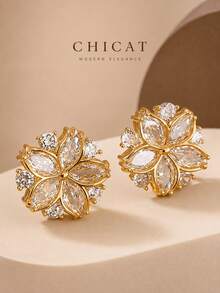 CHICAT 1 Pair Elegant Fashion Flower Stud Earrings, 6-Petal Rhinestone Jewelry, Marquise Cut Crystal Flower Earrings, Bridal Wedding Sparkling Earrings, Gold Delicate Elegant Women's Accessories - Gold - View 1