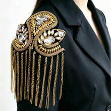 1pc Luxury Rhinestone Beaded Metal Tassel Shoulder Epaulette Applique - Gold - View 1