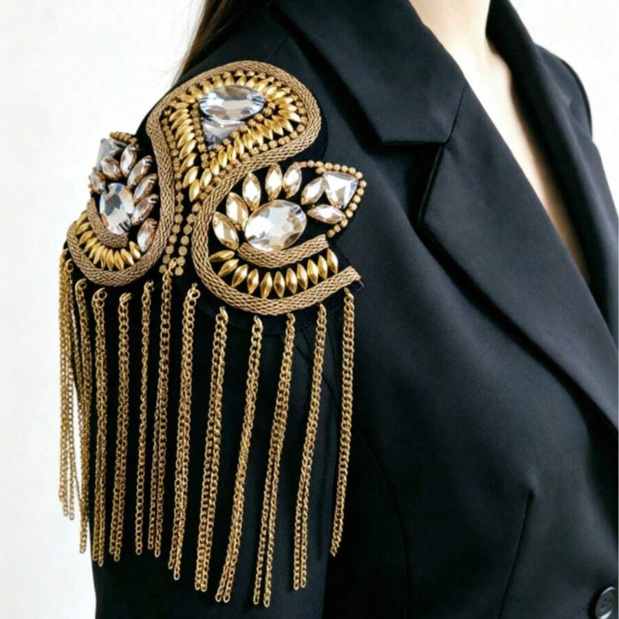 1pc Luxury Rhinestone Beaded Metal Tassel Shoulder Epaulette Applique - Gold - View 1