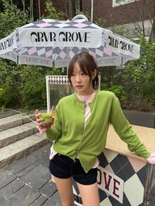 1pc Solid Color Knitted Button-Up Cardigan, Office & Campus Style, Autumn/Winter, Avocado Green Fall - Fruit Green - View 4