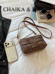 1pc Solid Color PU Fabric Women's Fashion Crossbody Square Bag With Full Woven Texture Patchwork Design, Adjustable Shoulder Strap, Shoulder/Crossbody Use, Suitable For Daily Shopping - Coffee - View 3
