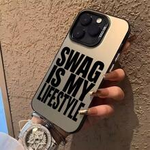 Y2K "#SWAG" 白色波點極簡印花黑色亮面手機殼，適用於 iPhone 11 13 Pro Max 15 17 17 Pro Max 與 Galaxy S24 Ultra S26 Ultra，標語設計，適合千禧世代，生日與日常使用 - 彩色 - 查看 1