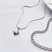 2pcs/Set Fashion Punk Minimalist Versatile Silver Stainless Steel Chain Eight-Pointed Star Pendant Short Necklace Choker Men's Accessory Decoration Suitable For Daily Wear - Silver - View 9