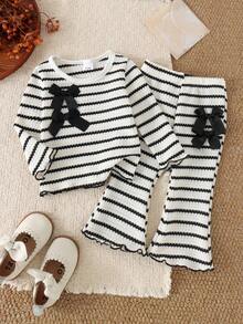 2pcs Baby Girl Casual Sporty 3D Bow Striped Long Sleeve Top And Pants Set, Spring/Autumn Thin - Black and White - View 1
