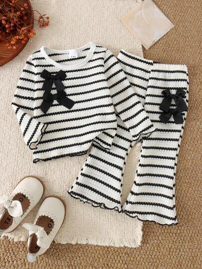 2pcs Baby Girl Casual Sporty 3D Bow Striped Long Sleeve Top And Pants Set, Spring/Autumn Thin