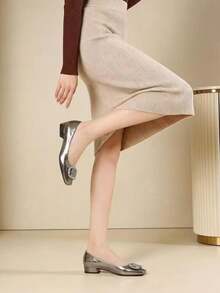 2026 New Women's Low Heel Square Toe Chunky Heel Pumps With Rhinestone Buckle, Comfortable Versatile Commuter Shoes, Silver - Silver - View 3