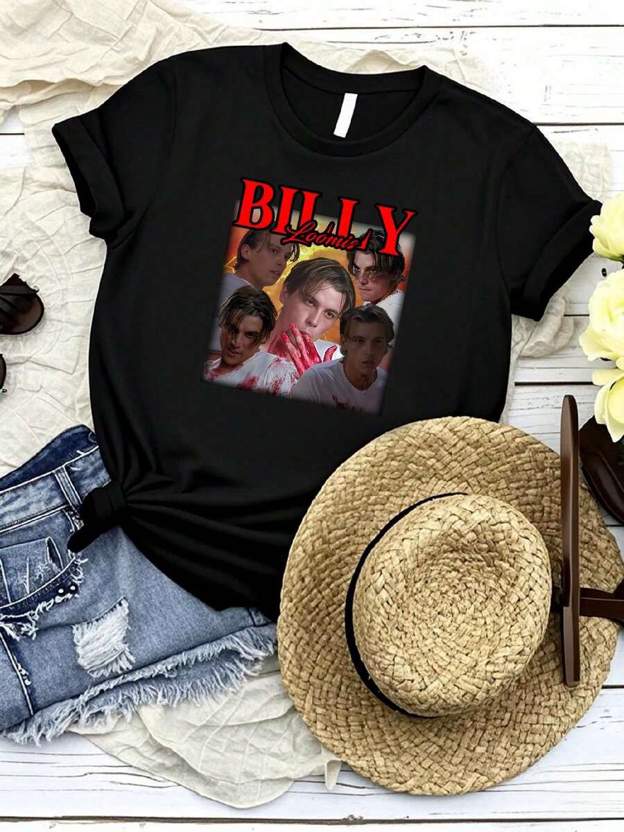 Camiseta de mujer con estampado vintage de los 90, diseño gráfico de la película de terror Billy Loomis, unisex, estilo casual, ropa de calle. - Negro - Ver 1
