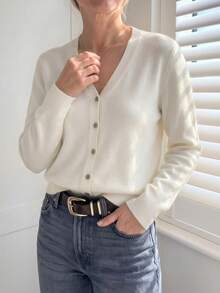 Cardigan de Tricô com Decote em V Feminino, Suéter Básico Casual de Manga Longa Fino para Primavera/Outono, Estilo Fashion Branco Outono - Branco - Visão 2