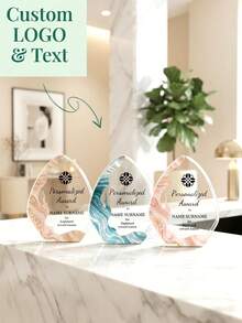 1pc Personalized Logo & Text Acrylic Trophy Plaque, Desktop Standalone Display, Gold Foil Design, Corporate Logo & Text Desktop Award, Unique Asymmetrical Shaped Acrylic Sign Gift, Suitable For Employee Recognition & Team Achievement - Multicolor - View 2