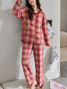 2pcs/Set Women's Pajamas Loungewear, Asymmetrical Print Long Sleeve Pants, Easy Care Fabric - Red - View 6