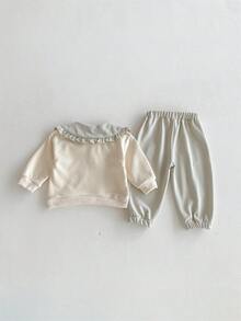 Miniweenns 2pcs/Set Baby Girl Spring/Autumn Outfit Cute Ruffle Collar Cartoon Bear & Puppy Print Sweatshirt + Pink Jogger Pants Comfortable Casual Loose Fit (Runs Large) - Mint Green - View 3