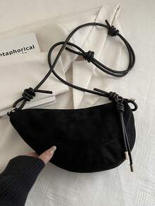 1pc Solid Color Matte Suede Fabric Shoulder Bag Women's Vintage Fashion Crescent Bag With Stitching Patchwork Zipper Closure Suitable For Daily And Street Use - Black - View 4