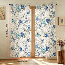 2pcs Refreshing Watercolor Floral Curtains, White Background With Blue Flower Patterns, Rod Pocket Design, Provides Privacy And Easy Installation, Ideal For Home Windows - Multicolor - View 15