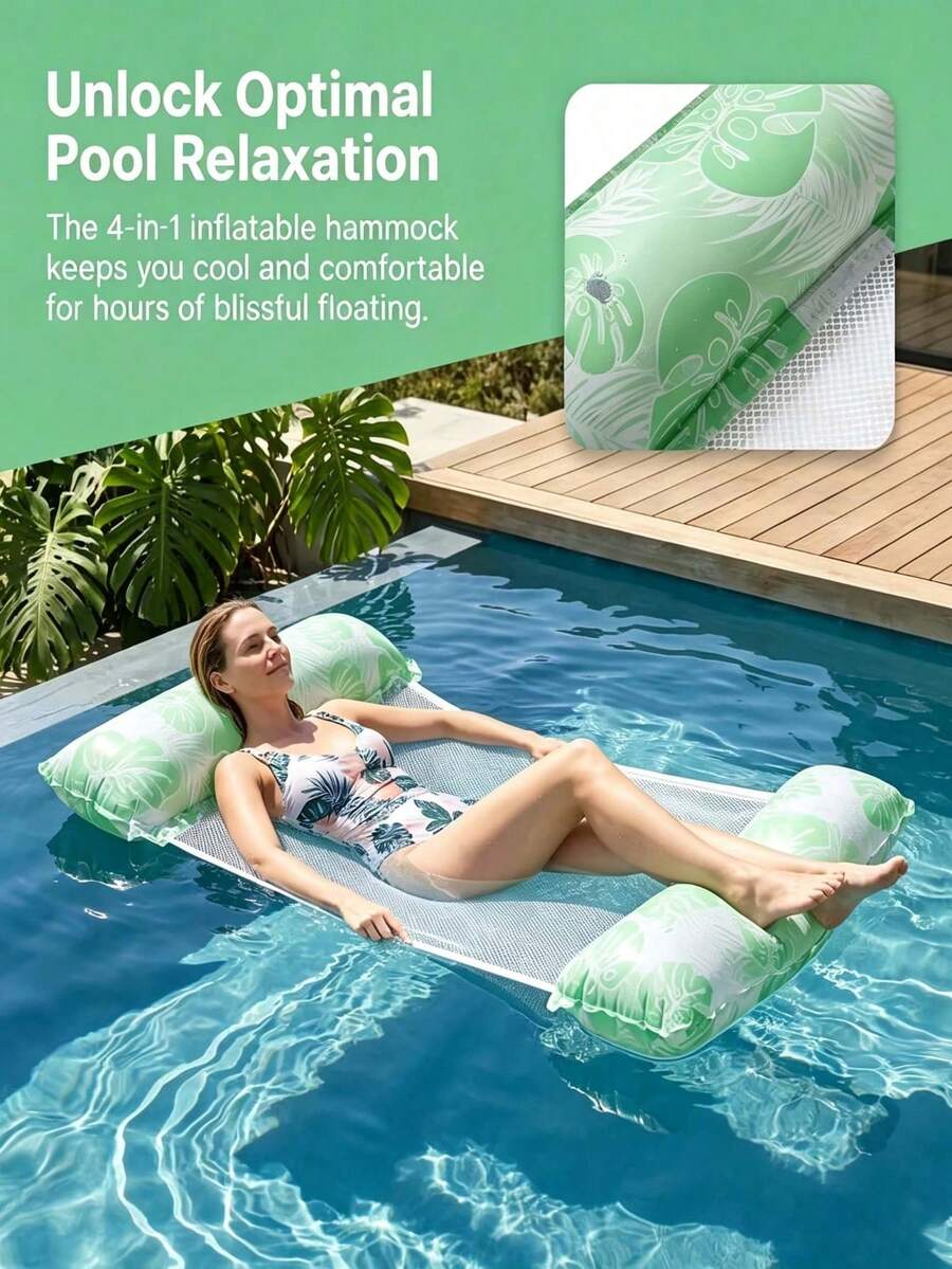 4-In-1 Multifunctional Inflatable Water Hammock, Water Swimming Pool Floating Hammock Suitable For Adult Pool, Beach And Other Water Activities, Multifunctional PVC Pool Float, Lounge Chair And Drifting Function, Perfect For Travel And Home Swimming Pool - Monstera Floating Shelf - View 1