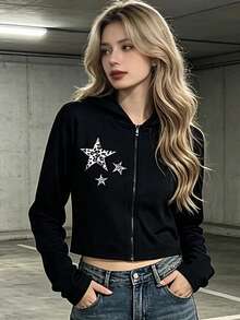 Lurzo Áo khoác cardigan có mũ phong cách Y2K cho bé gái, dáng ngắn, họa tiết sao, khóa kéo, co giãn cao thoáng khí, phong cách retro Y2K, mặc hằng ngày, dã ngoại, đi học và chơi thể thao - màu đen - Xem 5