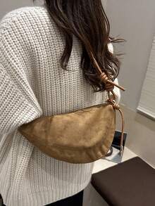 1件純色磨砂天鵝絨面料女款復古時尚新月肩背包，拼接縫線設計，拉鍊開合，適合日常與街頭穿搭 - 棕色 - 查看 10