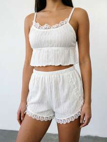 Sexy Hollow Out Spring Summer Autumn 2pcs Sleepwear Set Lace Trim Camisole & Shorts Women Loungewear - Beige - View 5