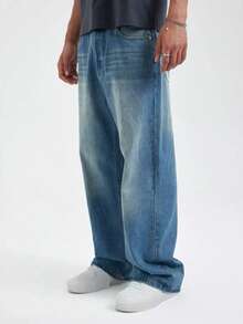 Men's Casual Straight Leg Loose Fit Comfortable Denim Jeans Washed Denim Long Pants All Season - Medium Wash - View 3