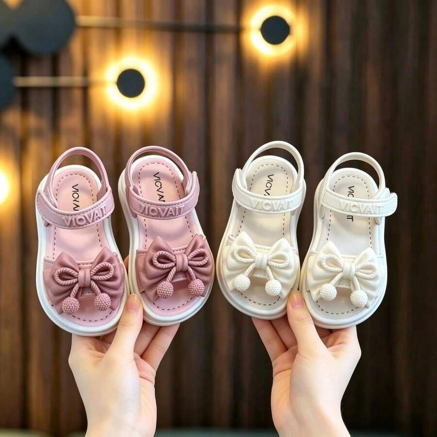 Girls' Fashion Sunny Sandals, Korean Style Hook & Loop, Lightweight Non-Slip Soft Sole Princess Shoes For Daily Wear And Outings - Pink - View 1