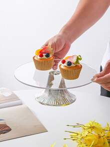 Gold & Silver Metal Base Acrylic Cake Stand, Transparent Dessert Display Tray, 1pc/3pcs Set, Large/Medium/Small, Suitable For Wedding, Birthday, Eid Party, Home Decor - Silver - View 1