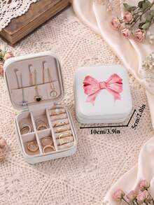 Bow Print Jewelry Organizer Display Travel Jewelry Zipper Case Boxes Earrings Necklace Ring Portable Jewelry Box Leather Storage - White - View 7
