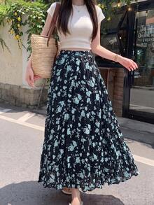 Woven Maxi Skirt, Bohemian Style, A-Line Silhouette, Ruffle Hem, Printed Pattern Vacation - Black - View 1