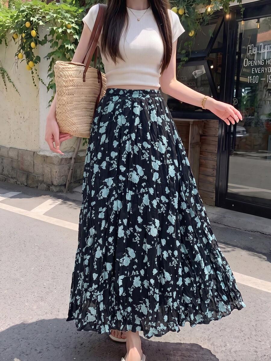 Woven Maxi Skirt, Bohemian Style, A-Line Silhouette, Ruffle Hem, Printed Pattern Vacation - Black - View 1
