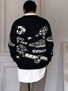 Teen Boys Soft Space Element Pattern Colorblock Design Sweater, Casual Loose Round Neck Knit Pullover - Black - View 3