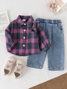 2pcs Infant/Toddler (Girl) Casual Vintage Pink & Gray Plaid Long Sleeve Collared Shirt With Denim Jeans Set, Thin Spring/Autumn - Light Wash - View 4