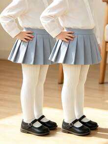 2pcs Classic Versatile Solid Color Striped Snug Fit Tights For Baby Girls, Suitable For Daily Wear - White - View 1