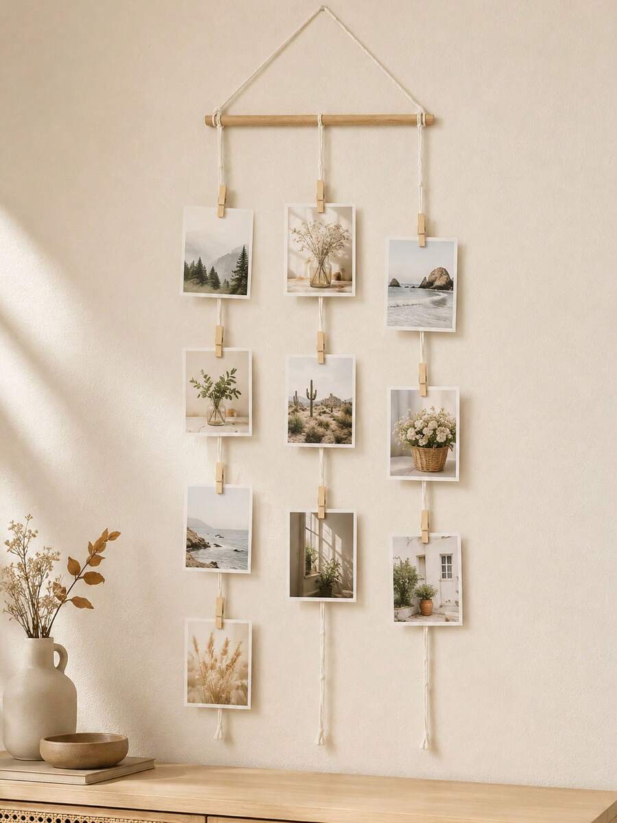 1PC Bohemian Style Photo Collage Wall Hanging With Clips, Three-Row Rope Photo Holder, Suitable For Bedroom, Living Room, Dormitory Wall Decoration. Can Be Used To Display Family Photos, Travel Souvenirs, Postcards And DIY Decorations. - Multicolor - View 1