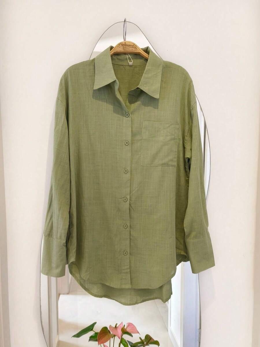 Women's Long Sleeve Button-Down Shirt - 綠linho - 查看 1