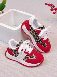 Kids Red-Brown Leopard Print Colorblock Lace-Up Sneakers With Shock-Absorbing Rubber Sole, Casual Daily Wear Shoes - Red - View 6
