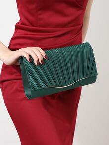 Pink Satin Ruched Evening Clutch Bag - Green - View 2