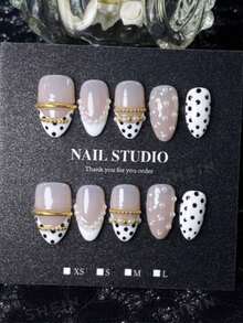 10-Piece Handmade Summer Nail Stickers, Short Almond Shape Design, Nude Pink Base With Black And White Polka Dot French Tips, Accented With Pearls And Gold Metallic Details, Retro-Chic Style, Versatile And Elegant, Comes With A Nail Art Tool Set - Black and White - View 9
