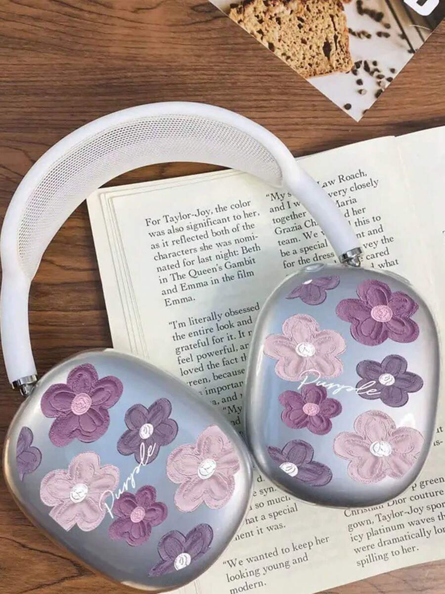1pc Oil Painting Pink Flower Design Protective Case For Headphone Bluetooth Max Earphone Transparent Shell - Clear - View 1