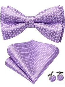Men's Paisley Striped Silk Pre-Tied Bow Tie, Pocket Square And Cufflinks Set For Formal Wedding, Party And Ball - Lilac Purple - View 1