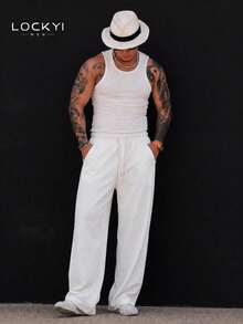 1pc Men's Spring/Summer White Straight Leg Sweatpants, American Style Drapey Loose Wide Leg Casual Sports Long Pants - White - View 4