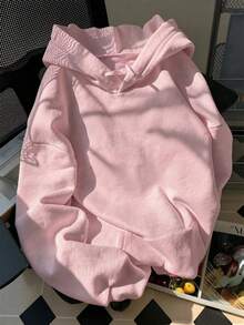 Women's Autumn/Winter New Solid Color Hooded Sweatshirt, Drawstring Design, With Pockets, Casual Versatile Loose Fit Top, Fashionable Daily Wear - Baby Pink - View 2