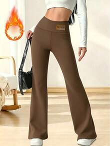 Women's Casual Versatile Stretch High-Waist Flared Fleece Lined Pants, Elastic Waist, Black, Winter Sports - Brown - View 3
