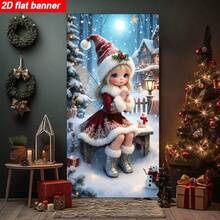 1pc Christmas Fantasy Snow Scene Elf Door Banner, Polyester Material, Cute Cartoon And Snowman Background Cloth, Suitable For Living Room, Bedroom And Yard Garden, Christmas Party, Winter Carnival - A - View 5