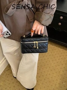 Vintage Elegant Quilted Diamond Pattern Soft Leather Box-Shaped Handbag Crossbody Bag With Exquisite Gold Hardware Double Zipper Storage Mini Versatile Women's Small Bag For Daily Outings - Black - View 7