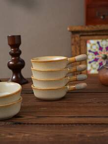 Japandi Retro Speckled Ceramic Handled Mini Bowl, Vintage Beige Condiment Dipping Sauce Dish, Small Appetizer Snack Serving Plate Household Kitchen Table Decor - Multicolor - View 4