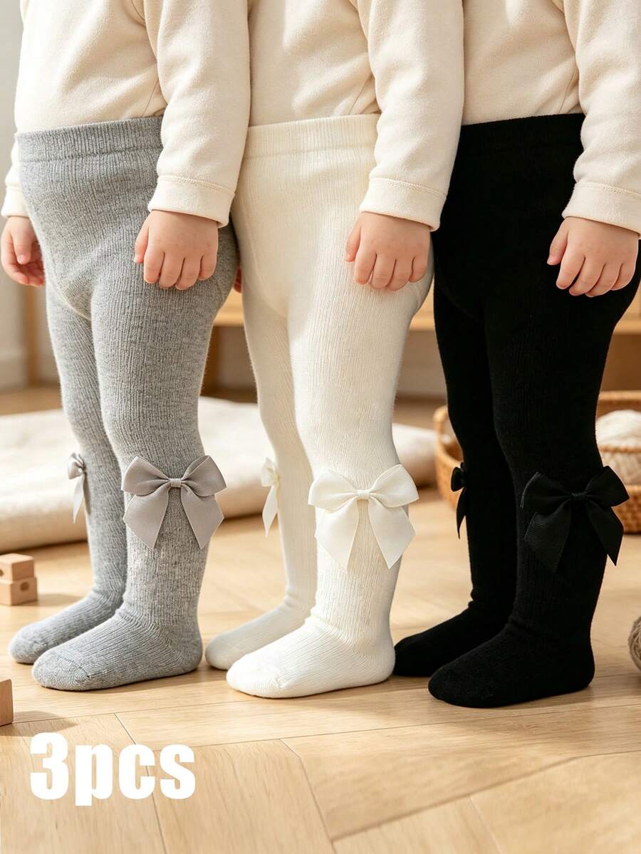 3雙女嬰針織連褲襪，蝴蝶結裝飾，柔軟素色腳蹬式緊身褲，適合女童日常穿著 - 彩色 - 查看 1