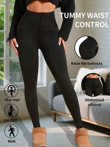 1pc Black High Waist Front Button Waist Zipper Warm Lined Sports Leggings - Black - View 4