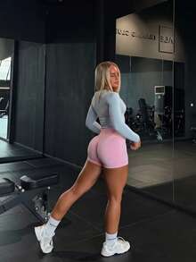 2pcs/Set Women High Waist Solid Color Seamless Elastic Yoga Fitness Outdoor Sports Shorts - Multicolor - View 5