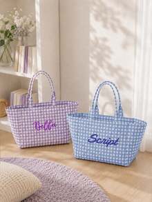 (客製化) 個性化刺繡極簡格紋帆布，原創小眾百搭通勤大容量單肩包，適合學生、旅行收納、生日禮物、送給她的禮物、母親節禮物、美學風格 - 彩色 - 查看 10