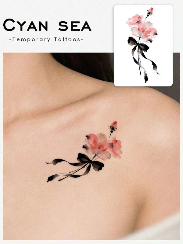 1pc Ink‑Wash Pink Rose With Black Bow Pattern Temporary Tattoo Sticker, Realistic Fake Tattoo Design, Suitable For Daily, Bachelorette Party Favors, Music Festivals, Games, Graduation Gifts, Lasts 3‑5 Days