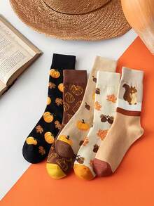 5 Pairs Autumn Pumpkin Maple Leaf Squirrel Print Mid-Calf Cotton Socks, Vintage Caramel Color Palette, Halloween Vibe Slouch Socks, Versatile Women's Socks - Multicolor - View 1